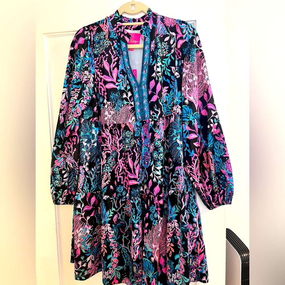 NWT Lily Pulitzer Arella Dress in black/pink/purple/turquoise print Size M
